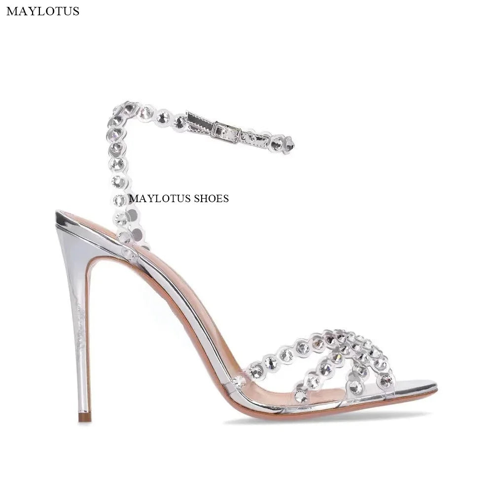 Snc Nude Peep Toe Crystal PVC Sandals Ankle Buckle Strap Thin High Heels Sandals Woman Summer Lady Stilettos Shoes on Heels