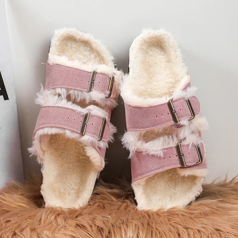Men Women Plush Fur Slippers with Double Buckle Cork Sandals Winter Supper Warm Home Shoes Barefoot Comfort Footbed Sales