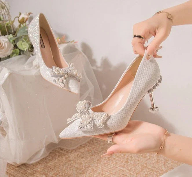 Pumps with Bow on Heeled Wedding Bride Shoe High Heels Shoes for Women Pointed Toe Woman PumpsLoafers Stilito Beau Today Lastest