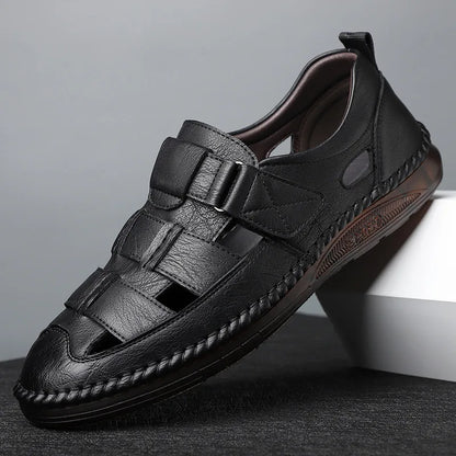 Leather Sandals Baotou 2025 Summer New Genuine Leather Breathable Hollow Porous Shoes Men's Tendon Soft Bottom Middle-Aged Dad S