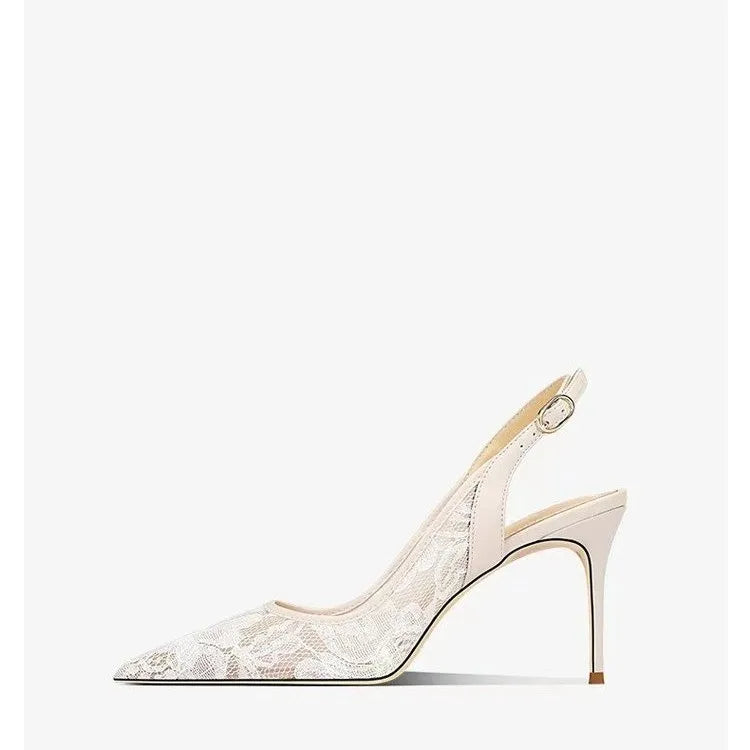 Brand Designer White Women Wedding Pumps Mesh Embroidered Flowers Back Strap Sexy Slingback High Heel Dress Shoes for Ladies