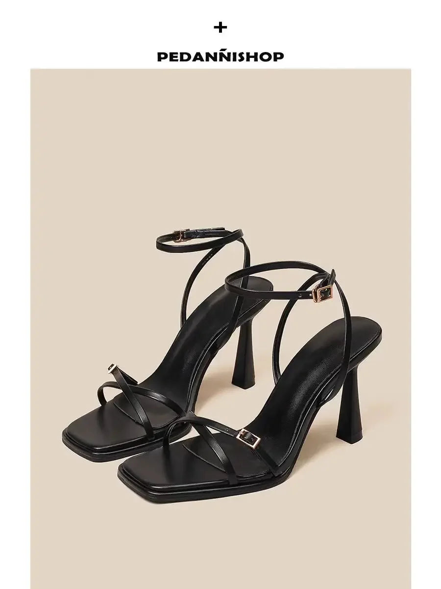2025 designer women's new fashion letter high heels black super high heels stilettos lace-up sandals for women