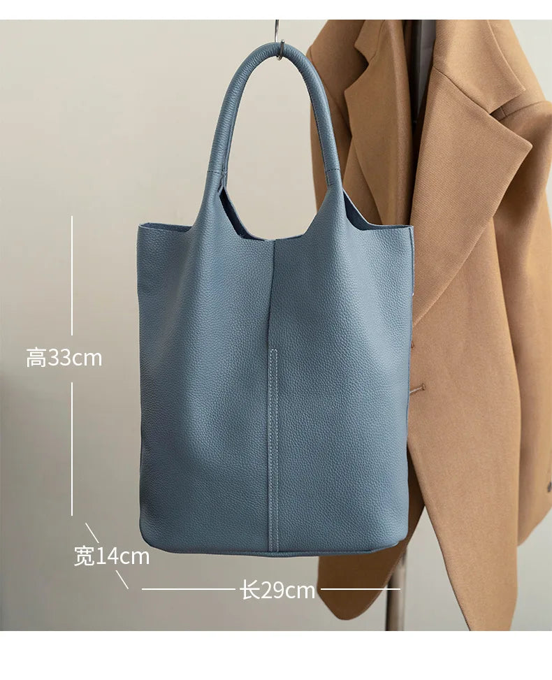 Genuine Leather Commuter Tote Bag Simple Ladies Soft Cowhide Tote Shoulder Handbag Large Capacity Women Bucket Bag 2025 New
