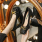 Women's Mid-heel 5.5CM 2024 Summer French Style Back Empty Female Thick Heel Square Toe Mary Jane Shoes Black Green Talon Femme