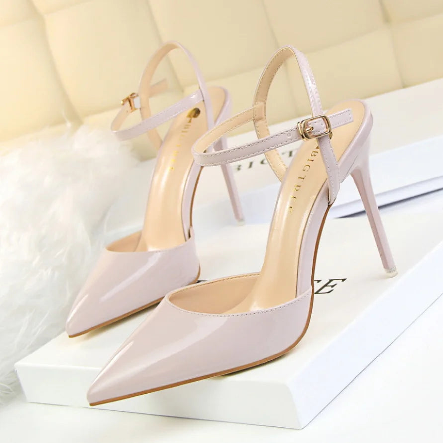 86-1 Style Simple Slim Ultra High Heel Shallow Painted Leather Sexy Nightclub Slimming One-word Strap Women Cool Shoes