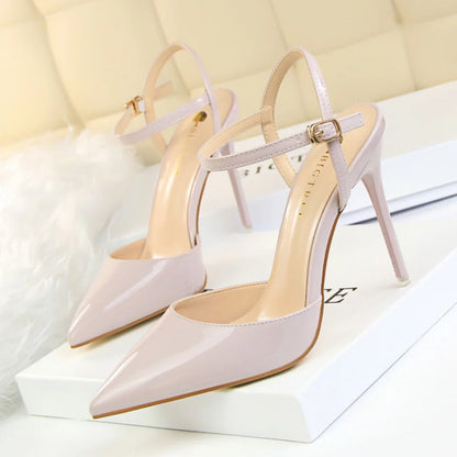 86-1 Style Simple Slim Ultra High Heel Shallow Painted Leather Sexy Nightclub Slimming One-word Strap Women Cool Shoes