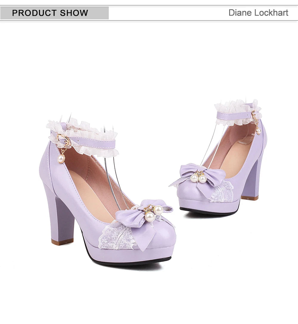 Summer Ladies Platform High Heels Cute Bow Lace Princess Mary Jane Lolita Shoes Blue Purple Party  Dress Pumps Big size 33 43