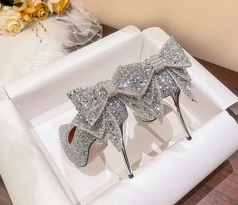 Bling Sequins Wedding Shoes for Women Bride 2025 Elegant Pointed Toe Thin Heels Pumps Woman Silver Crystal High Heels for Ladies