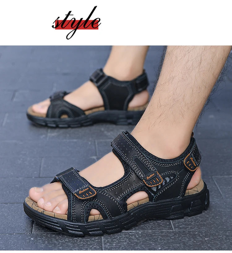 Summer Men's Leather Sandals Outdoor Resort Beach Shoes Soft Rubber Lightweight Hiking Shoes Anti-slip Wear-resistant Flip Flops