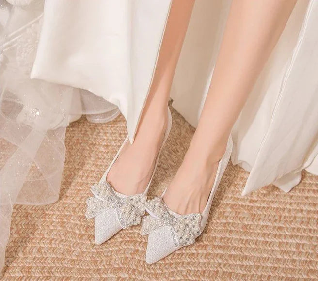Pumps with Bow on Heeled Wedding Bride Shoe High Heels Shoes for Women Pointed Toe Woman PumpsLoafers Stilito Beau Today Lastest