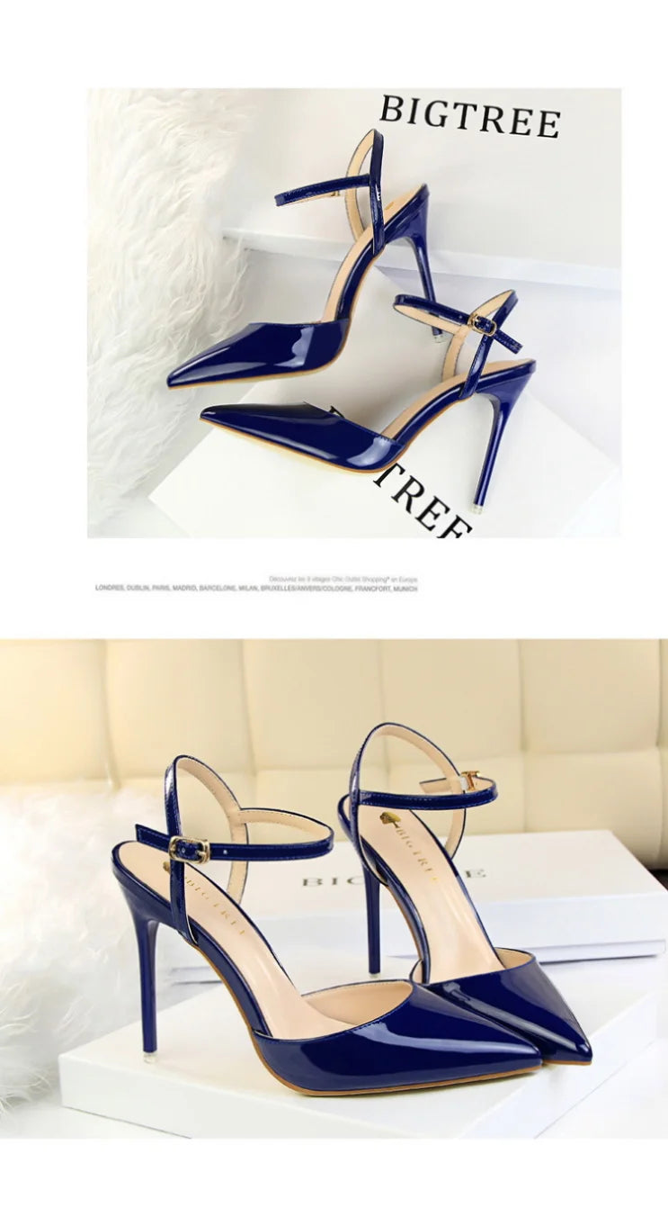 86-1 Style Simple Slim Ultra High Heel Shallow Painted Leather Sexy Nightclub Slimming One-word Strap Women Cool Shoes