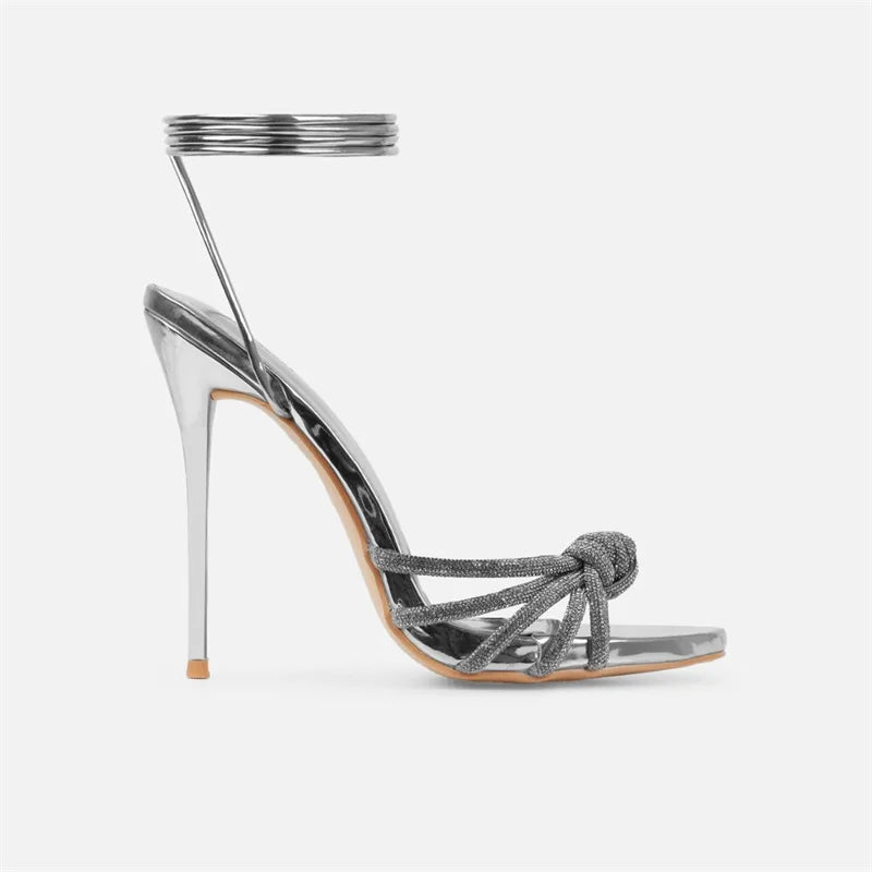 Liyke 2025 New Arrival Silver Crystal Narrow Band Women's Sandals Summer Party Wedding Prom Shoes Platform Open Toe High Heels