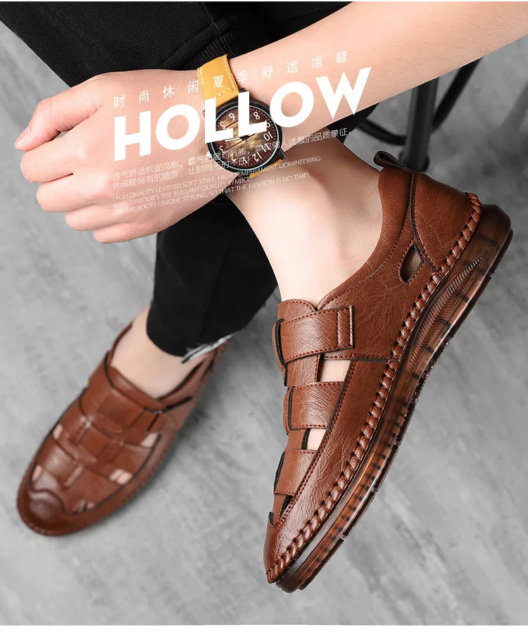 Leather Sandals Baotou 2025 Summer New Genuine Leather Breathable Hollow Porous Shoes Men's Tendon Soft Bottom Middle-Aged Dad S