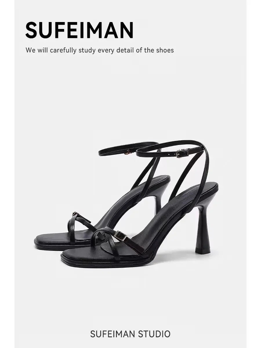 2025 designer women's new fashion letter high heels black super high heels stilettos lace-up sandals for women