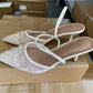 Women's Mesh Floral Embroidered Slingback High Heels Female Open Heel Pearl Studded Pointed Toe Sandals Sexy Stiletto Lady Mules