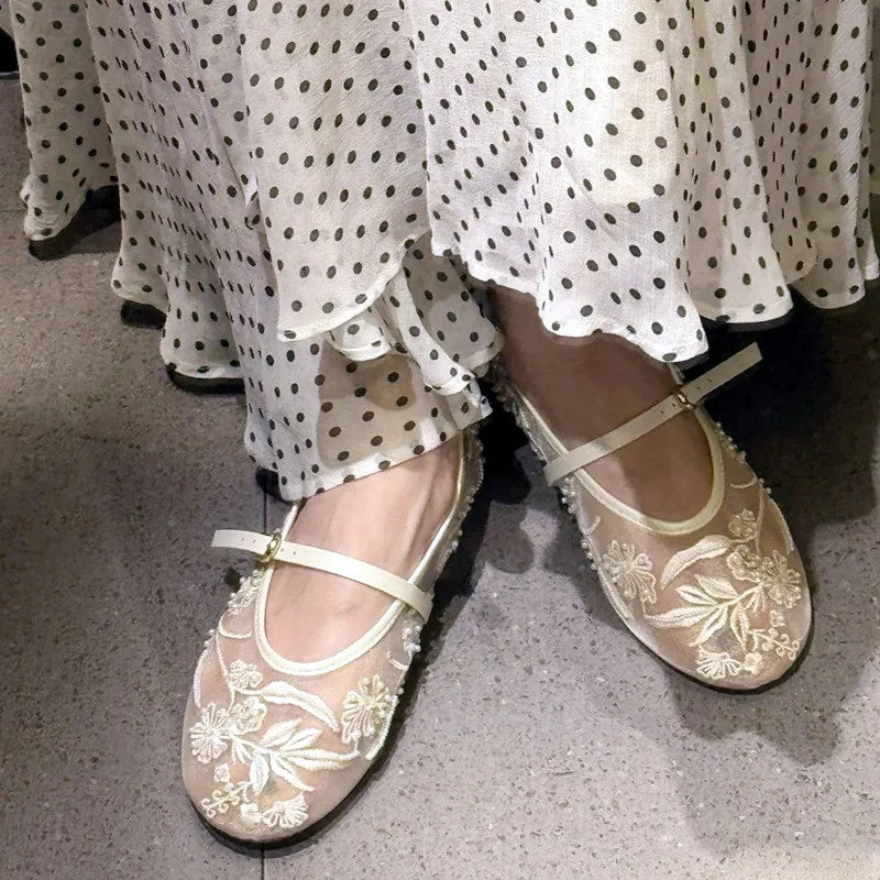 Embroidery Pearl Mesh Ballet Flats Women Fashion Hollow Round Toe Flat Sandals Elegant Comfortable Belt Buckle Mary Jane Shoes