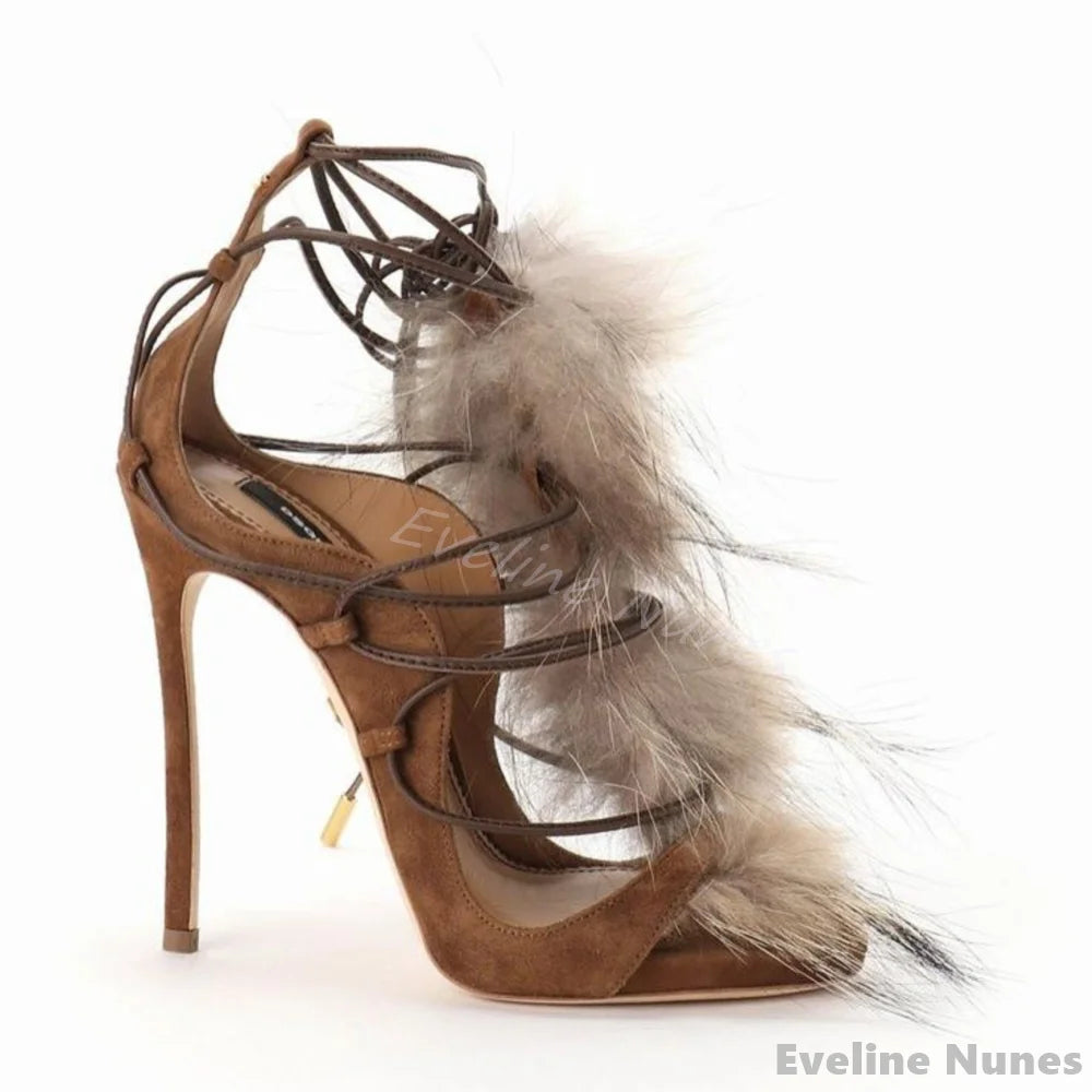 Furry Strappy Hollow Sandals Women Retro Brown Peep Toe Stiletto Heel Ankle Strap Sexy Sandals New Party Catwalk Elegant Pumps