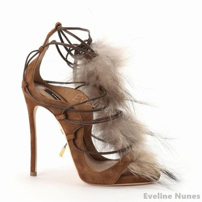 Furry Strappy Hollow Sandals Women Retro Brown Peep Toe Stiletto Heel Ankle Strap Sexy Sandals New Party Catwalk Elegant Pumps
