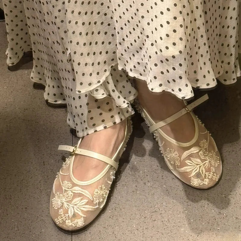 Mesh Embroidery String Bead Brand Women Ballet Flats Fashion Buckle Breathable Mary Jane Shoe Comfort Low Heel Soft Flat Sandals