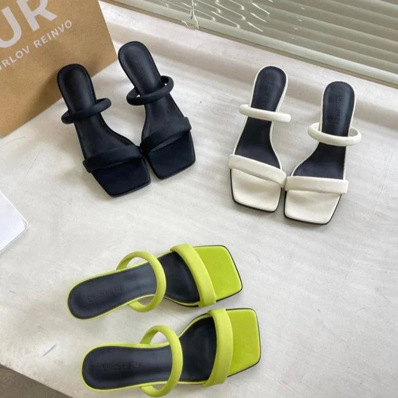 Open Toe High Heeled Sandals Women's 2023 Summer New Square Head Thick Heel Mid-heel Slippers