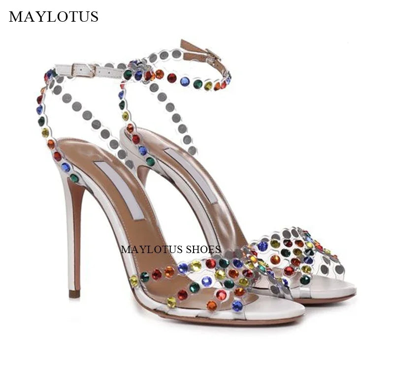 Snc Nude Peep Toe Crystal PVC Sandals Ankle Buckle Strap Thin High Heels Sandals Woman Summer Lady Stilettos Shoes on Heels