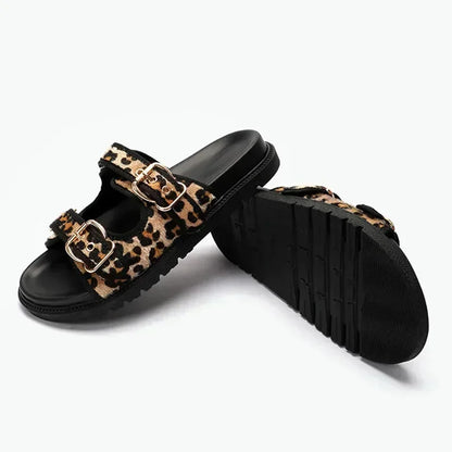 High Quality Leopard Metal Buckle Design Women Slippers Sexy Comfort Non Slip Slide Sandals Summer Size 43 Platform Flip Flops