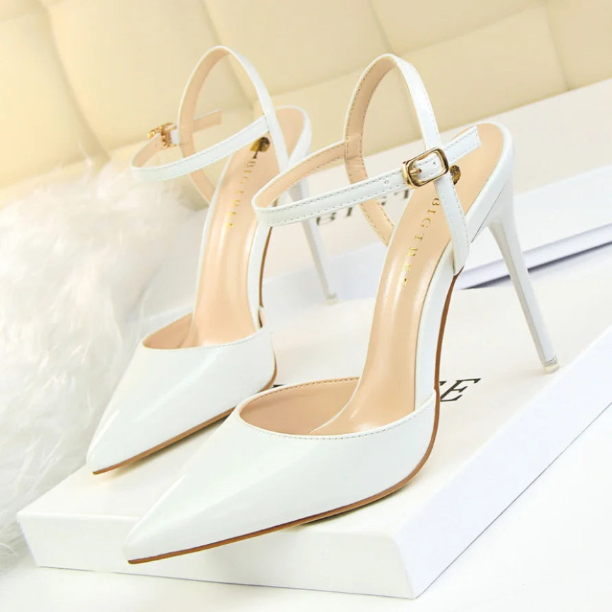 86-1 Style Simple Slim Ultra High Heel Shallow Painted Leather Sexy Nightclub Slimming One-word Strap Women Cool Shoes