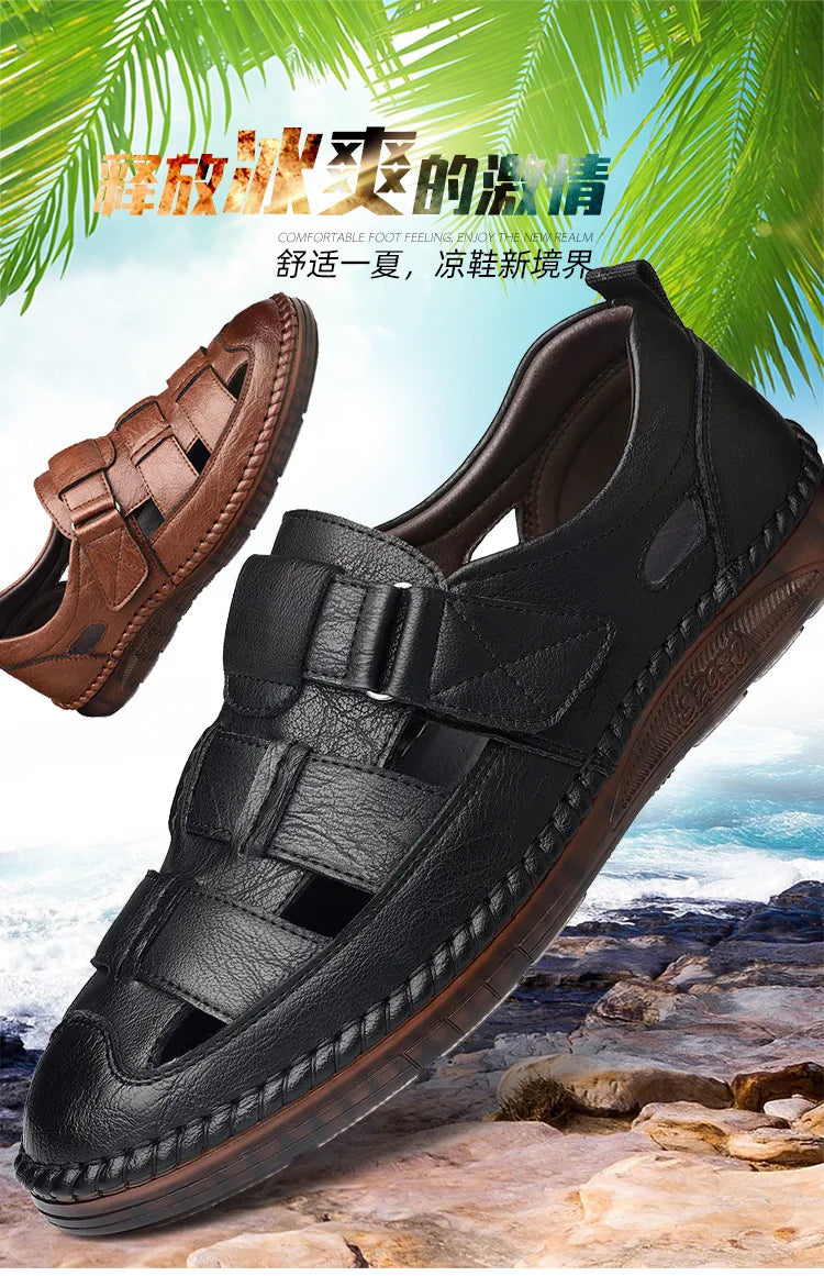 Leather Sandals Baotou 2025 Summer New Genuine Leather Breathable Hollow Porous Shoes Men's Tendon Soft Bottom Middle-Aged Dad S