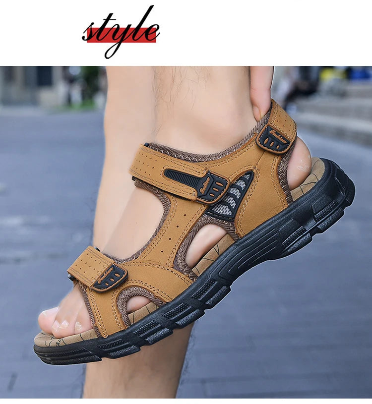 Summer Men's Leather Sandals Outdoor Resort Beach Shoes Soft Rubber Lightweight Hiking Shoes Anti-slip Wear-resistant Flip Flops