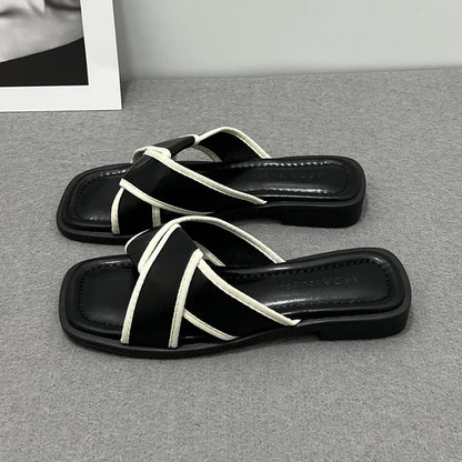Women's Slippers and Ladies Sandals Open Toe Low Heel Outside on Beach House Black Indoor Home Slides Shoes Off White Word Flat