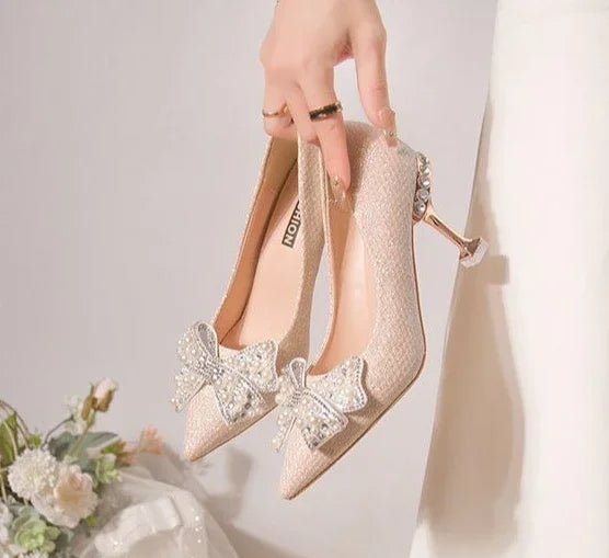 Pumps with Bow on Heeled Wedding Bride Shoe High Heels Shoes for Women Pointed Toe Woman PumpsLoafers Stilito Beau Today Lastest