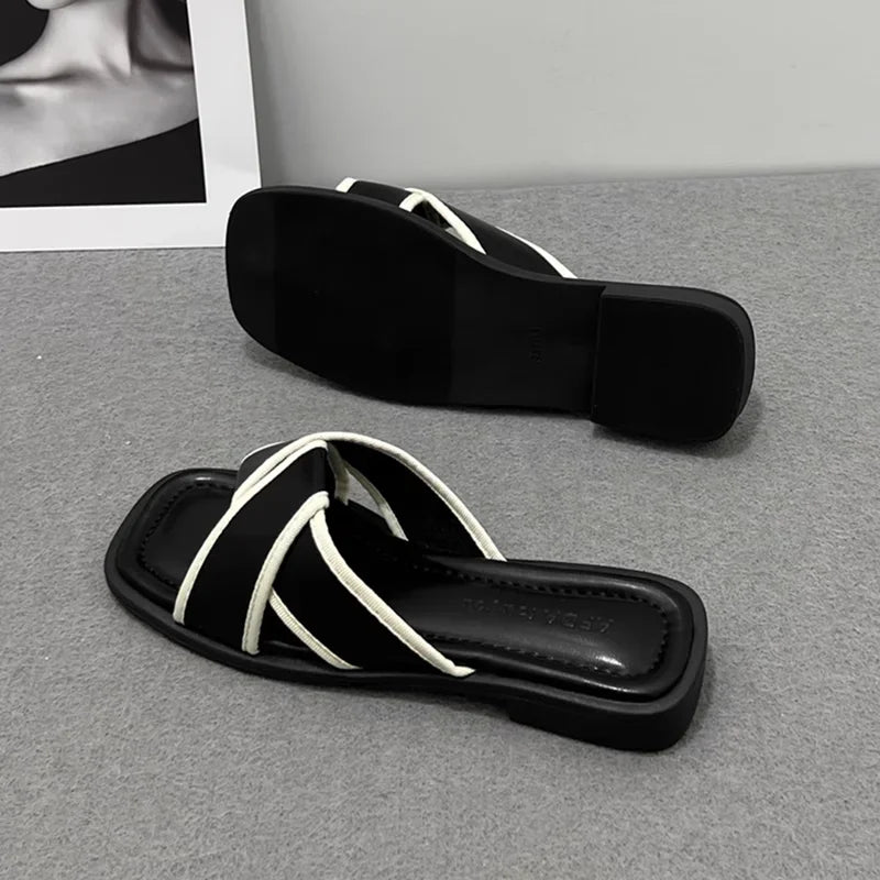 Women's Slippers and Ladies Sandals Open Toe Low Heel Outside on Beach House Black Indoor Home Slides Shoes Off White Word Flat