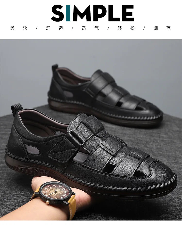 Leather Sandals Baotou 2025 Summer New Genuine Leather Breathable Hollow Porous Shoes Men's Tendon Soft Bottom Middle-Aged Dad S