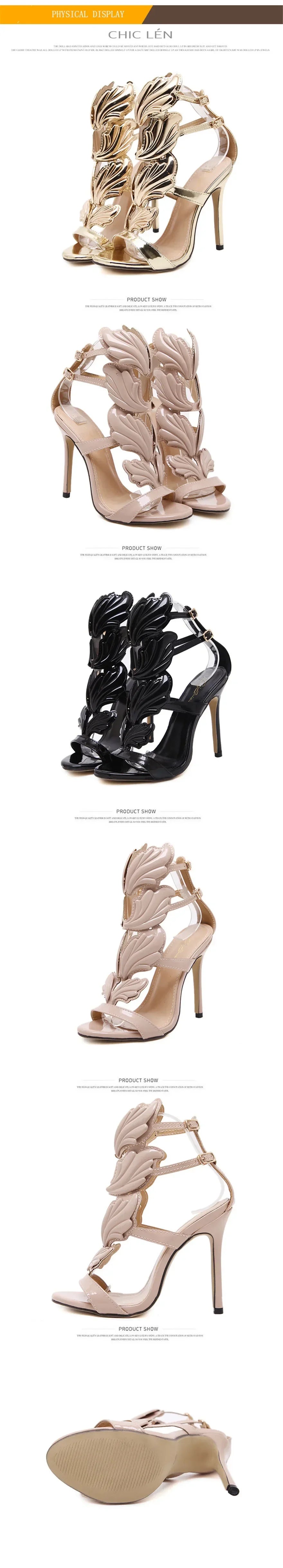 Rome Style Metal Wings Stiletto Women's Sandals Gold Patent Leather High Heels Fashion Ladies Open Toe Double Buckle Party Shoes