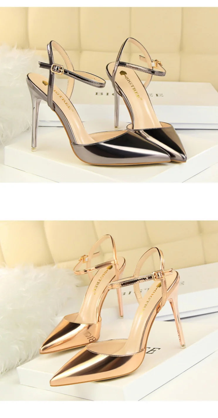 86-1 Style Simple Slim Ultra High Heel Shallow Painted Leather Sexy Nightclub Slimming One-word Strap Women Cool Shoes