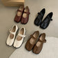 SUOJIALUN Autumn Women Flat Shoes Fashion Split Toe Flat Heel Laofer Shoes Shallow Soft Leather Casual Outdoor Mary Jane Shoes