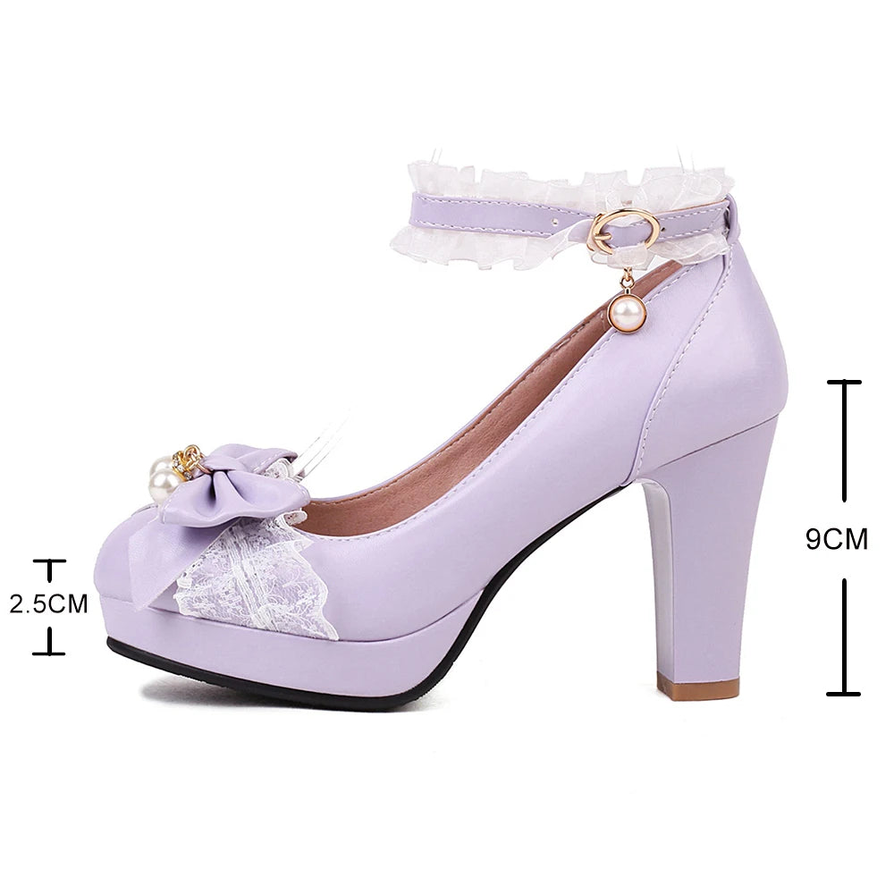 Summer Ladies Platform High Heels Cute Bow Lace Princess Mary Jane Lolita Shoes Blue Purple Party  Dress Pumps Big size 33 43