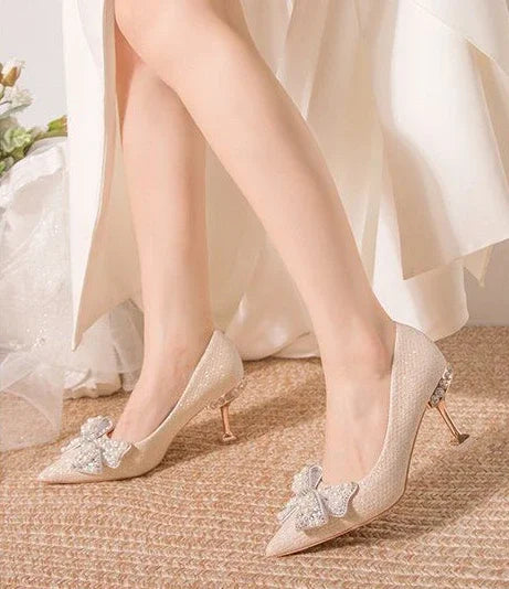 Pumps with Bow on Heeled Wedding Bride Shoe High Heels Shoes for Women Pointed Toe Woman PumpsLoafers Stilito Beau Today Lastest