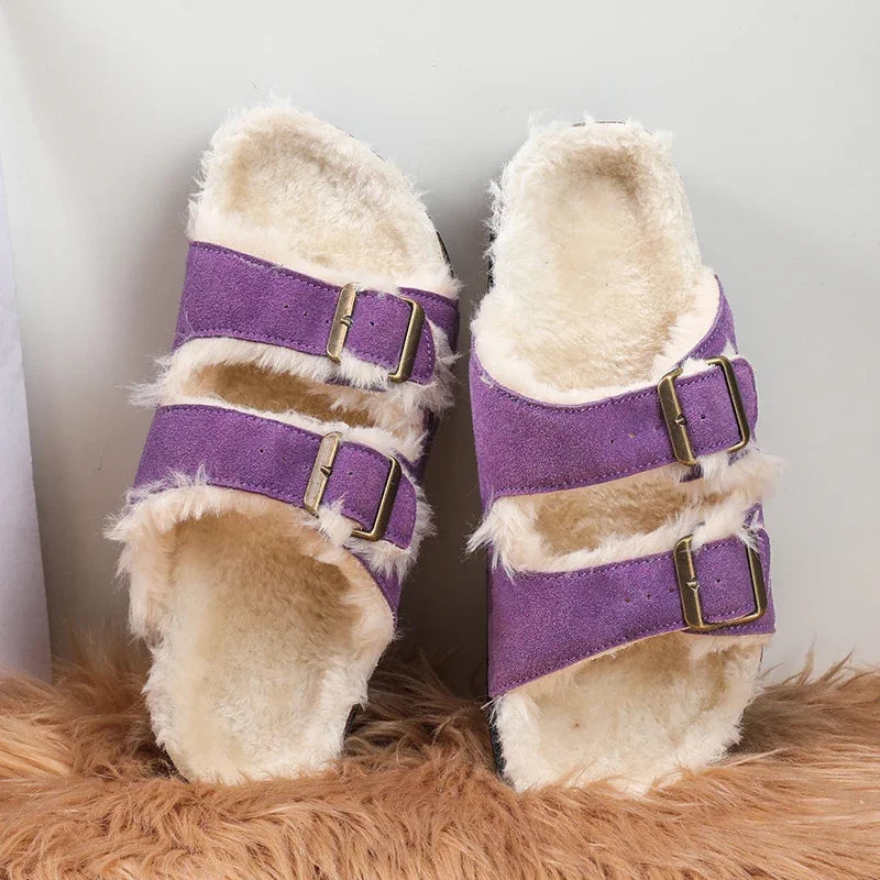 Men Women Plush Fur Slippers with Double Buckle Cork Sandals Winter Supper Warm Home Shoes Barefoot Comfort Footbed Sales