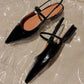New Women Baotou Patent Leather One Line Buckle Strap Cat Heel Sandals Female Sexy Black Silk Pointed Thin Heel Flat Shoes