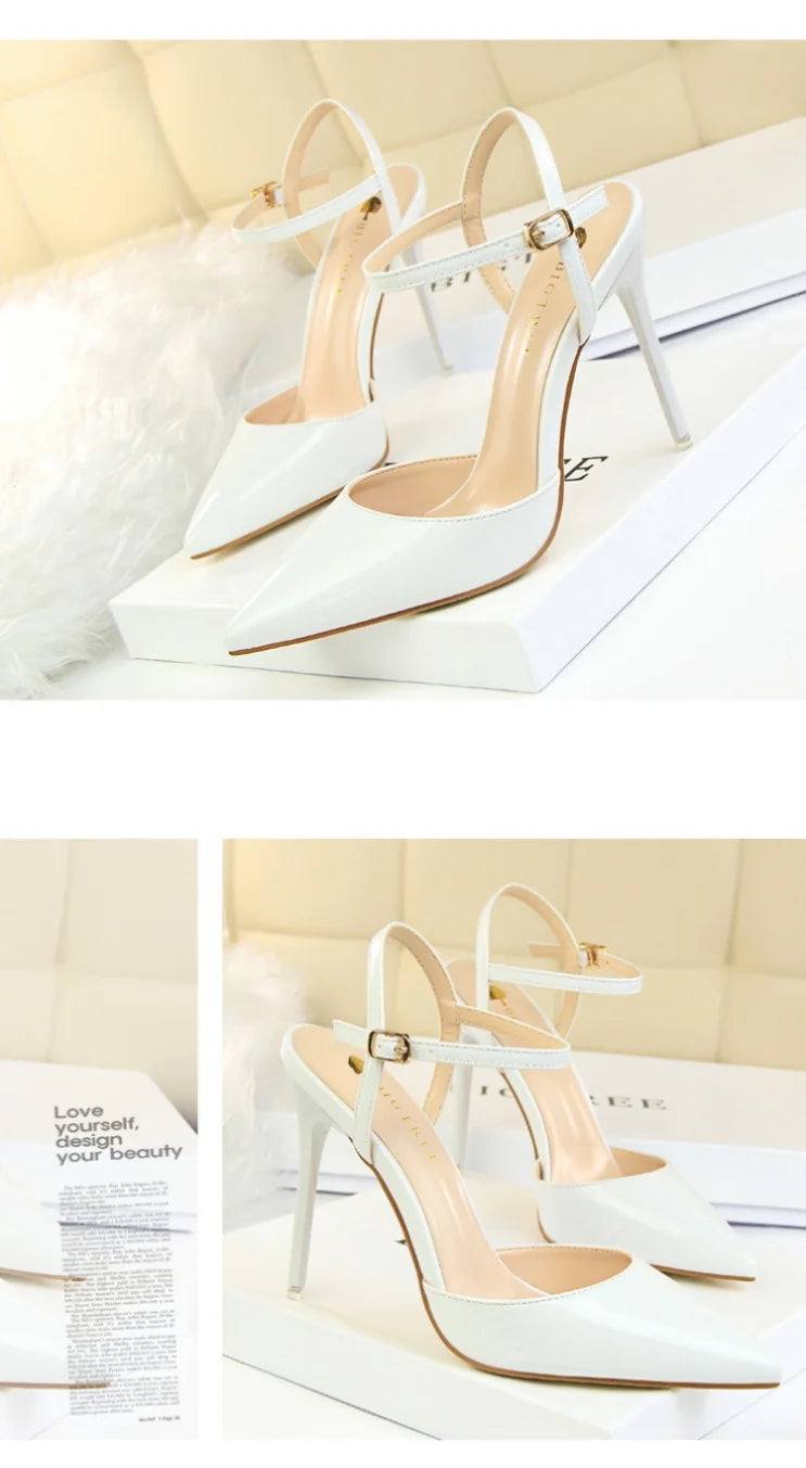 86-1 Style Simple Slim Ultra High Heel Shallow Painted Leather Sexy Nightclub Slimming One-word Strap Women Cool Shoes