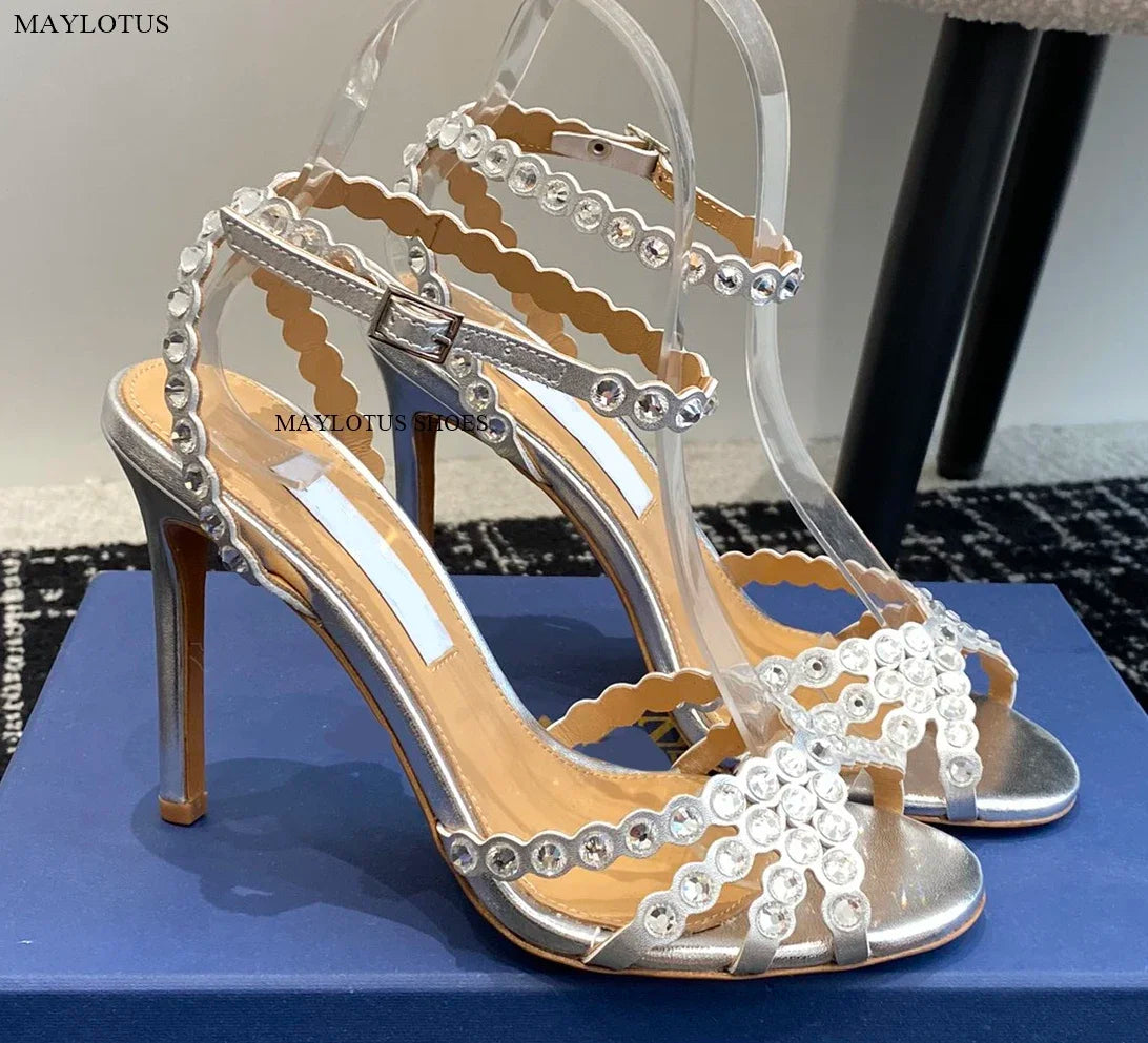 Snc Nude Peep Toe Crystal PVC Sandals Ankle Buckle Strap Thin High Heels Sandals Woman Summer Lady Stilettos Shoes on Heels