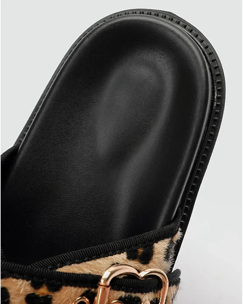High Quality Leopard Metal Buckle Design Women Slippers Sexy Comfort Non Slip Slide Sandals Summer Size 43 Platform Flip Flops