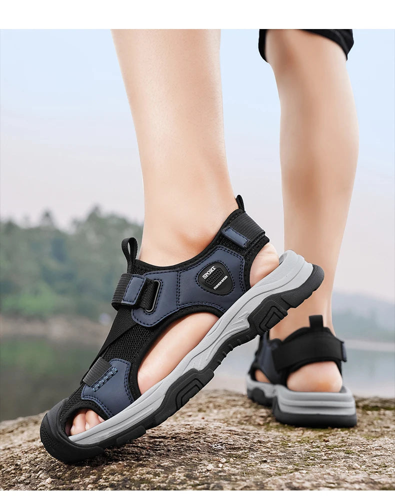 Sandals for Men's Summer New Cowhide Casual Beach Shoes, Genuine Leather for Men's Anti Slip Middle-aged Sandals and Slippers