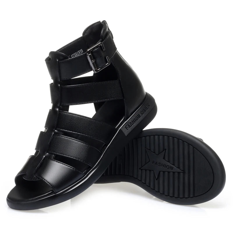 2024 New Women's Tennis Boots Flat Bottom Low Heel Hollow Cool Boots Summer Open Toe Genuine Leather Sandals Flat Shoes