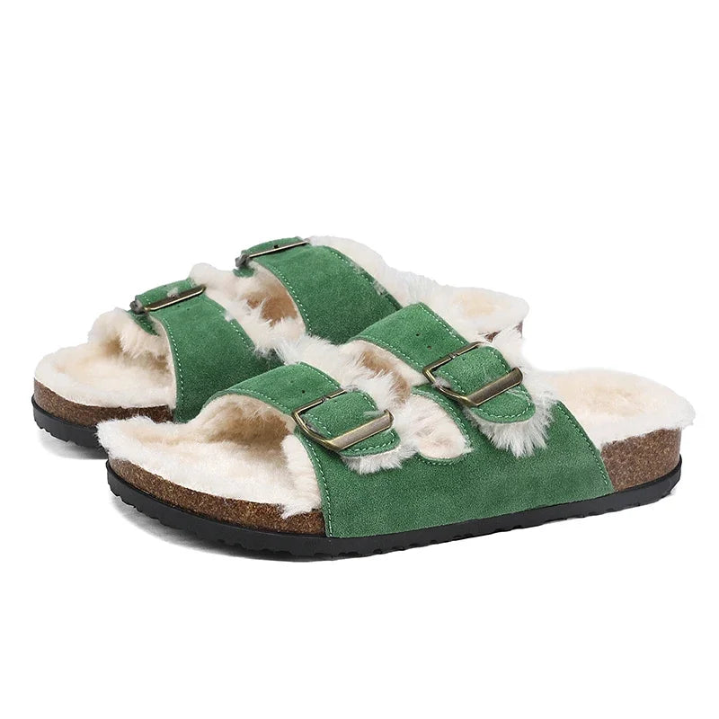Men Women Plush Fur Slippers with Double Buckle Cork Sandals Winter Supper Warm Home Shoes Barefoot Comfort Footbed Sales
