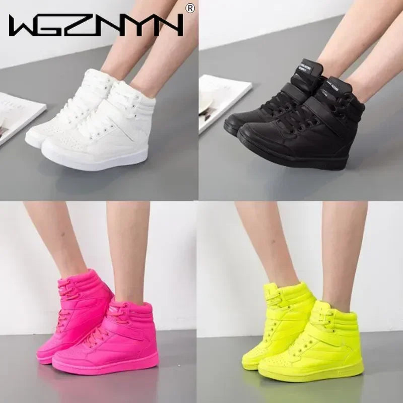 Designer Woman Breathable High Top Black White Boots Women Casual Sport Shoes Platform Hidden Increasing Sneakers Leather Shoe