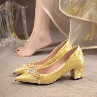 Pointed Toe with Crystals Rhinestone Wedding Bride Shoe Formal Woman Pumps Shoes for Women Diamond Medium Heels Casual Vacation