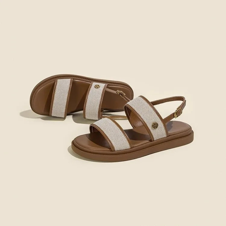 Low Sandals Woman Leather Low-heeled Rome Fabric Slides Rubber Hoof Heels Low Sandals Woman Leather Low-heeled Fabric Rubber Sli