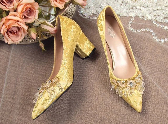 Pointed Toe with Crystals Rhinestone Wedding Bride Shoe Formal Woman Pumps Shoes for Women Diamond Medium Heels Casual Vacation